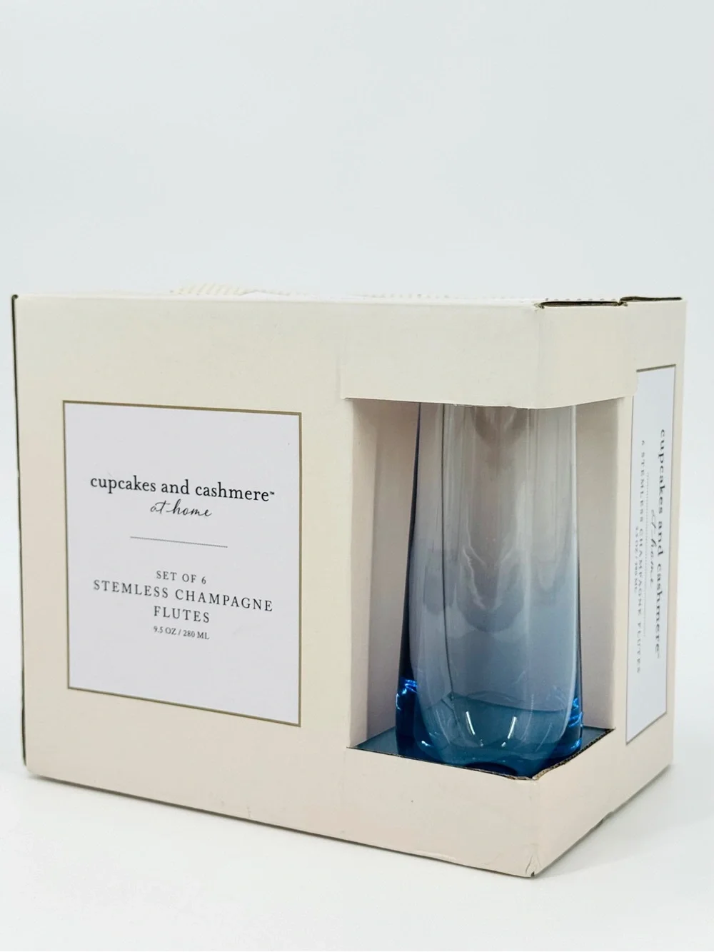 NIB (6) Cupcakes & Cashmere Home Ombré Blue Stemless Champagne Flutes
